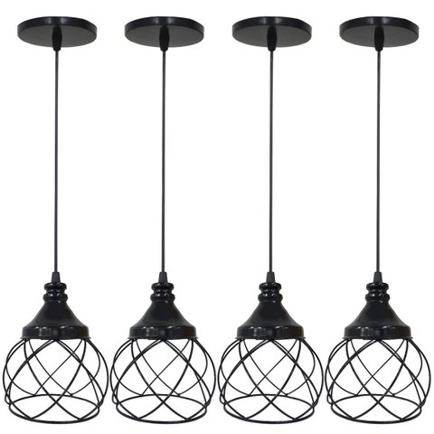 4 Pendentes Aramado Esfera Balonê Preto Lustre Luminária Teto Regulável Sala Cozinha Industrial Agp 