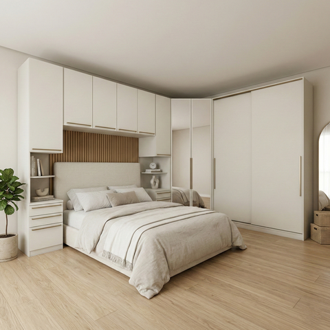 Guarda Roupa Casal Modulado 5 Peças com Espelho e Cabeceira 10 Portas 12 Gavetas Seletto Areia Bege/HP