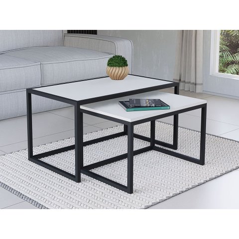 Conjunto Mesa De Centro Industrial 65cm e 60cm Aço Preto Duo Madeira Branca Don Castro Decor Industr
