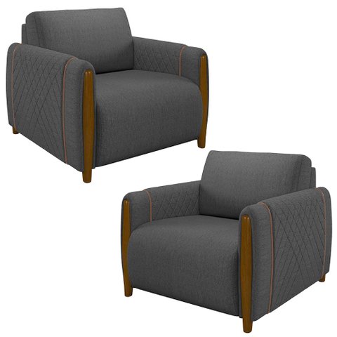 Kit 2 Poltronas Decorativas Pés Madeira Maceió Linho Chumbo - Gran Belo