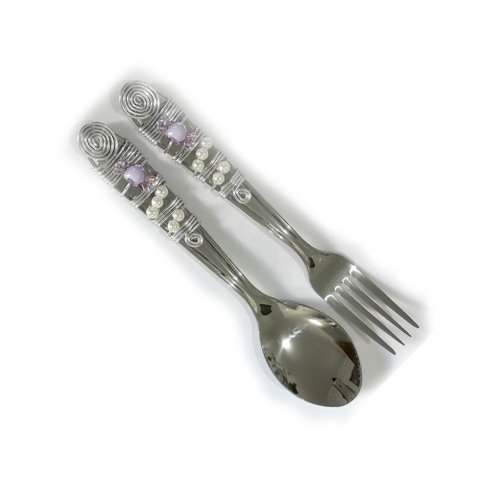 Conjunto Garfo e Colher Infantil Cabo Bordado Bala Lilás