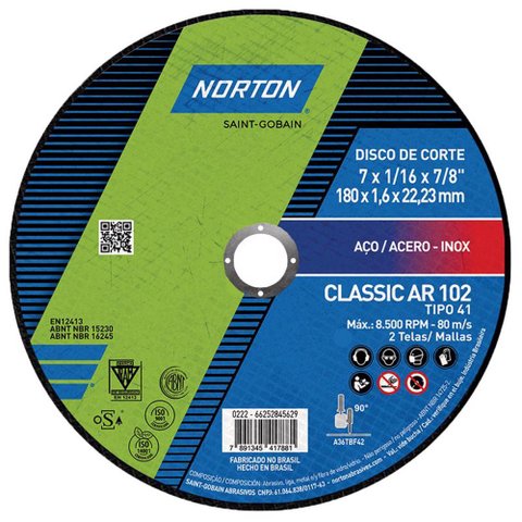 Disco Corte Norton Inox 7" X 1.6 X 7/8" Ar102 Classic