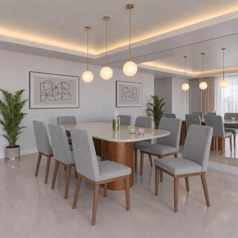 Conjunto de Jantar Kalina Mesa com Vidro e 8 Cadeiras - Cinza