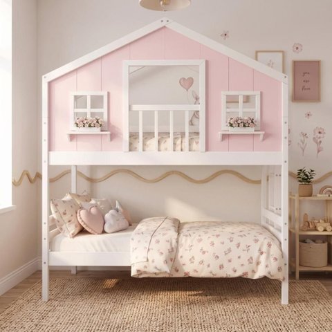Beliche Infantil Casinha Dos Sonhos com Varanda Madeira Maciça Rosa e Branco