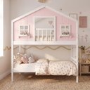 Ver imagem 1 de Beliche Infantil Casinha Dos Sonhos com Varanda Madeira Maciça Rosa e Branco