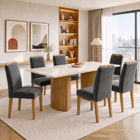 Conjunto de Mesa de Jantar 6 Lugares Isla e Lyra em MDF Cinamomo Off White e Grafite