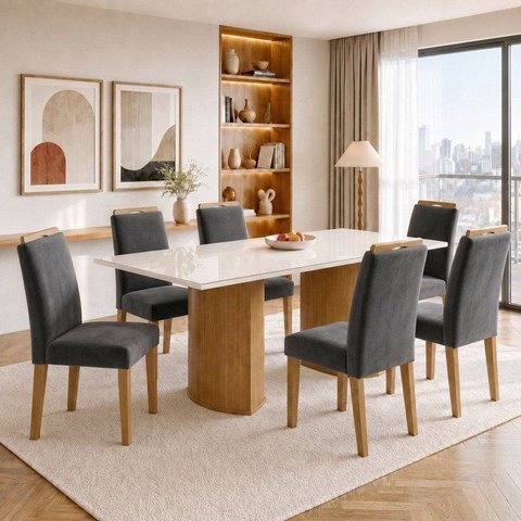 Conjunto de Mesa de Jantar 6 Lugares Isla e Lyra Tampo Vidro/MDF Cinamomo Off White e Grafite