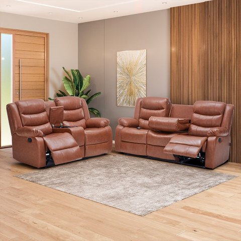 Conjunto Poltronas 2 e 3 Lugares Reclinável Manual Hollywood Aquecimento Massagem PU Caramelo G31 -