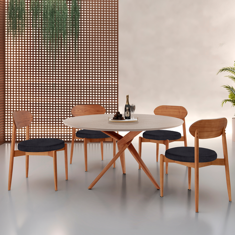 Conjunto Sala de Jantar Mesa 135cm Tampo Redondo Texturizado e 4 Cadeiras Hope Marrom/Preto/Imbuia/o