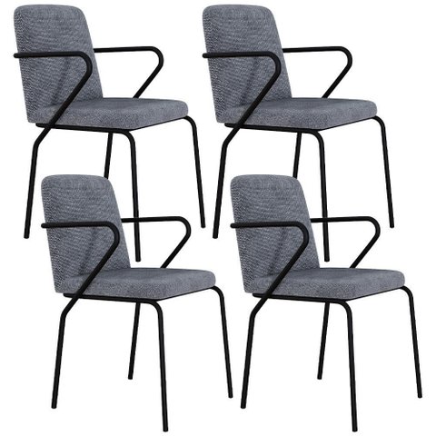 Kit 04 Cadeiras Estofada para Sala de Jantar com Braço Loft Preto C01 Linho Prata - Lyam Decor
