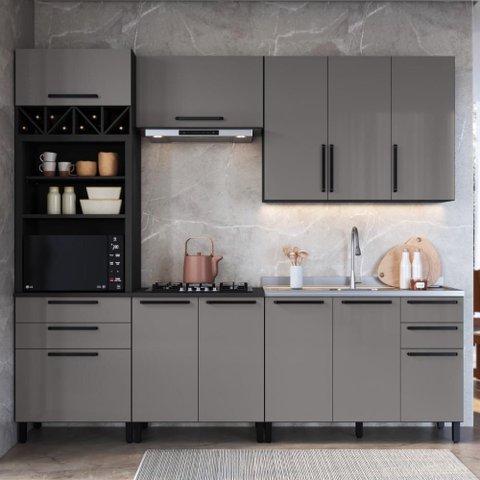 Cozinha Modulada Completa 5 Peças 270cm 9 Portas 6 Gavetas sem Tampo Mônaco Cinza Chumbo/Titânio