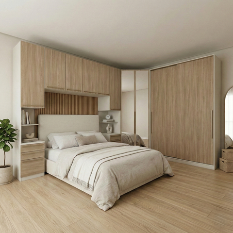 Guarda Roupa Casal Modulado 5 Peças com Espelho e Cabeceira 10 Portas 12 Gavetas Seletto Areia/Jequitibá Marrom/HP