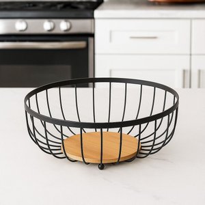 Fruteira de Mesa de Metal e Madeira Cesta Cesto Multiuso:redondo 28 Cm