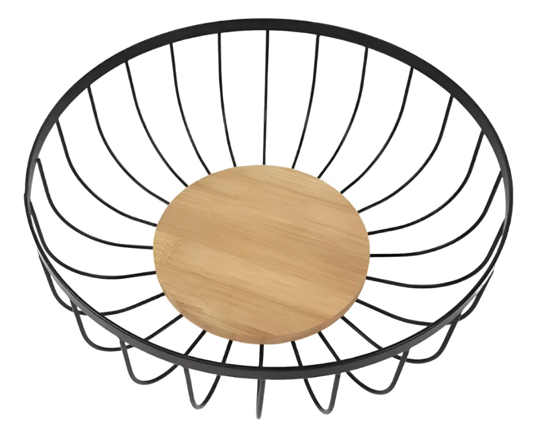 Fruteira de Mesa de Metal e Madeira Cesta Cesto Multiuso:redondo 28 Cm - 2