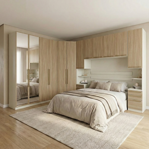 Guarda Roupa Casal Modulado 6 Peças com Espelho e Cabeceira 12 Portas 12 Gavetas Seletto Areia/Jequitibá Marrom