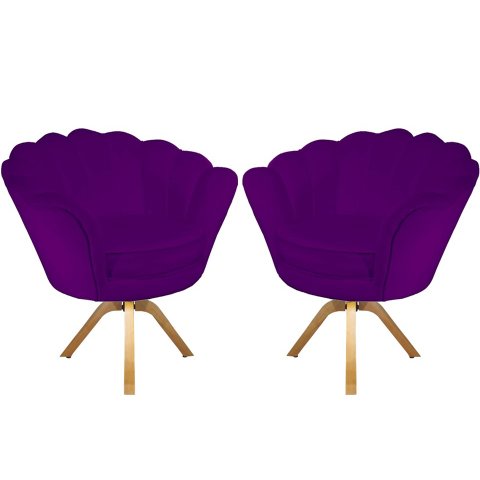 Kit 2 Poltronas Decorativa Pétala Base Giratória Madeira Suede Roxo Mz Decor