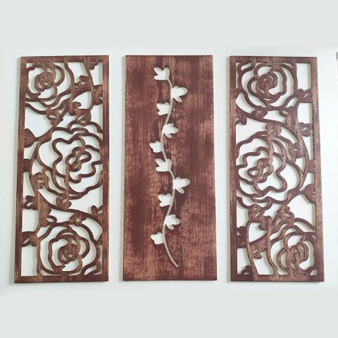 Kit Trio de Quadros Floral Rosas Vazadas em Mdf Decoração, Moderna, Atemporal, Apartamento Up Art Pe