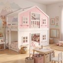 Ver imagem 1 de Beliche Montessoriano Casinha Dos Sonhos com Fechamento Inferior Branco em Madeira Maciça Rosa |