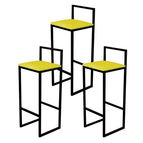 Jogo 3 Banqueta Alta Cozinha Bar Balcão Bistrô Industrial Preta Estofado Amarelo