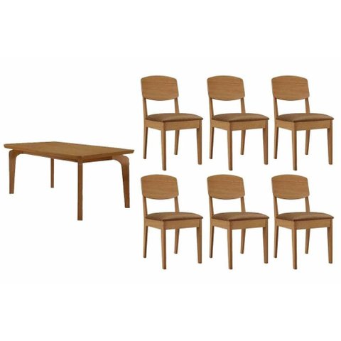 Conjunto: Mesa Sala Jantar Londrina C/ Tampo Madeirado Canto Curvo 180x90cm e 6 Cadeiras Havana