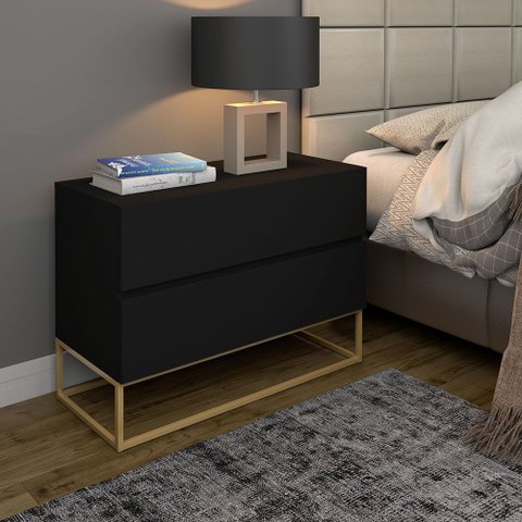 Mesa de Cabeceira Moderna para Quarto Lateral Apoio Cama Casal Eros 60cm 2 Gavetas Pés Ferro Dourado