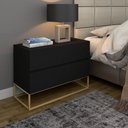 Ver imagem 1 de Mesa de Cabeceira Moderna para Quarto Lateral Apoio Cama Casal Eros 60cm 2 Gavetas Pés Ferro Dourado