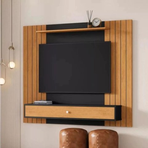 Painel Berlim Ripado P/ Tvs de até 42 Polegadas Prateleiras e Gaveta Preto