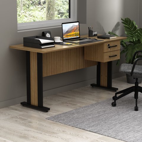 Mesa de Escritório 160x75,4cm 2 Gavetas e Chave Amêndoa/preto Me4193