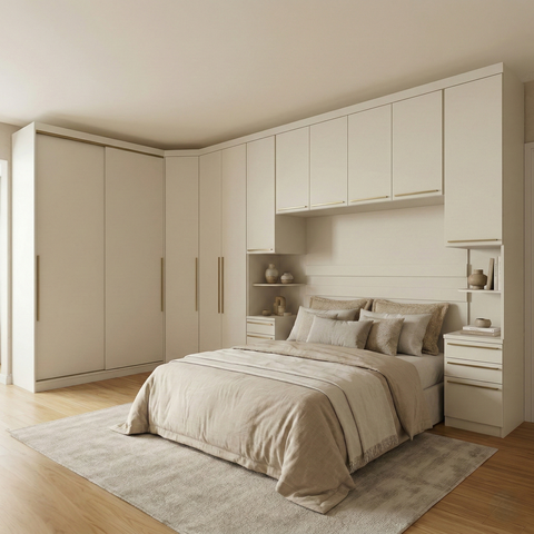 Guarda Roupa Casal Modulado 6 Peças com Espelho e Cabeceira 11 Portas 9 Gavetas Seletto Areia Bege/HP