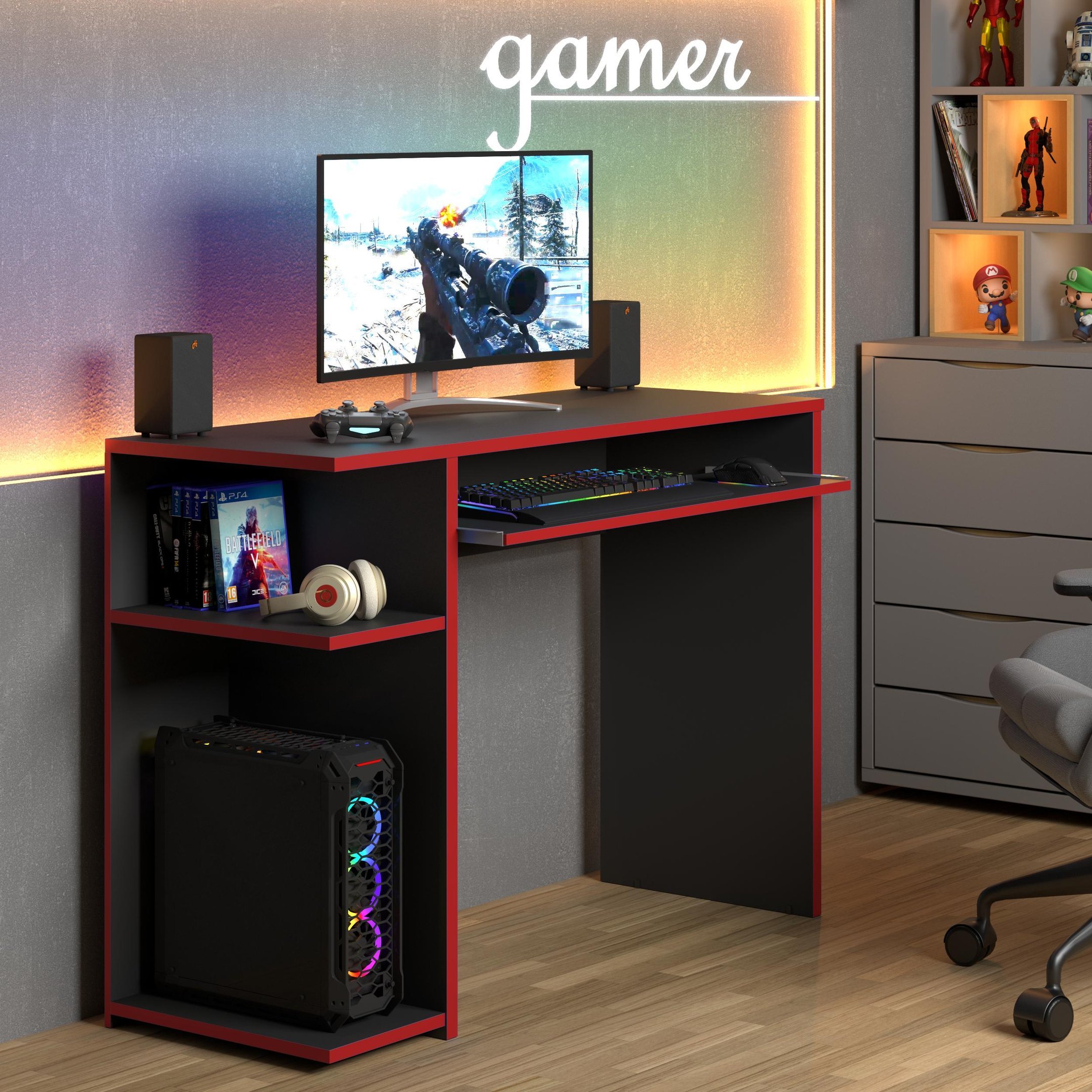 Escrivaninha Mesa de Computador para Gamer com Prateleira Elevada e Suporte para Teclado Extensível