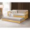 Sofá Cama Dublin Estofado Capitonê Veludo Bege Madeira com Cama Auxiliar - Imbuia - 1