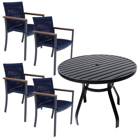 Jogo de Mesa Ripada 1,00m 4 Poltronas Amélia Corda Náutica para Jantar Jardim Piscina Azul
