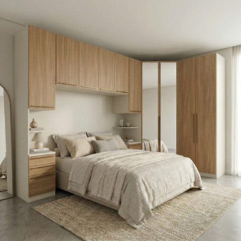 Guarda Roupa Casal Modulado 5 Peças com Espelho e Cabeceira 10 Portas 6 Gavetas Seletto Areia/Jequitibá Marrom/HP
