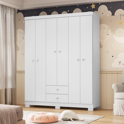 Guarda Roupa para Bebê Quarto Infantil 6 Portas 2 Gavetas Branco Flex 100% MDP