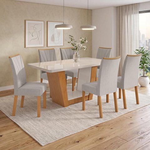 Conjunto Sala de Jantar Mesa Apogeu 1,70m Maxi Tampo com Vidro com 6 Cadeiras Apogeu Veludo Cinza