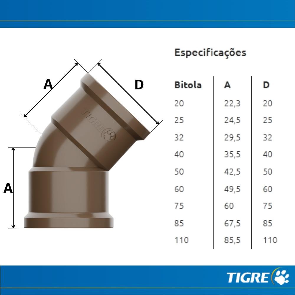 Joelho de 45° Graus Soldável Pvc Marrom para Canos Tubos de Água Fria de 3” Polegadas 85mm - 4