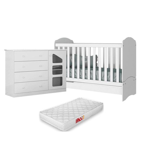 Cômoda Algodão Doce Sapateira 4 Gavetas MDF + Berço Mini Cama Pirulito Branco c/ Colchão