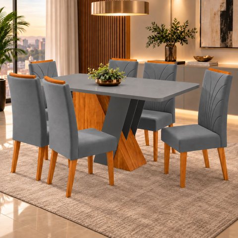 Conjunto Sala de Jantar 6 Lugares Retangular Tampo de MDF Xangai Cobre/Cinza - Casa Giulia