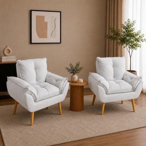 Kit 2 Poltronas Opala Decorativa Estofada com Pés Palito Confortável Cinza Suede 120kg
