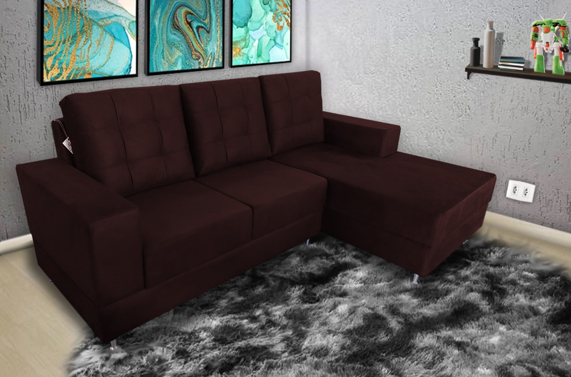 Sofá Rubi 2,10M x 1,55M + Chaise Marrom - 2