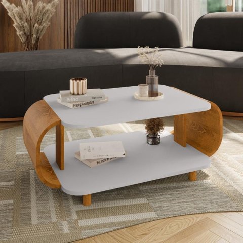 Mesa de Centro Floripa Sala Moderna Orgânica Pés em Madeira - Off/ Naturalle