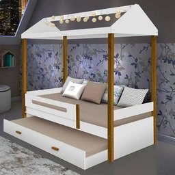 Cama Montessoriana com Auxiliar e Led Sara Branco / Mel - Branco - 1