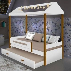 Cama Montessoriana com Auxiliar e Led Sara Branco / Mel - Branco