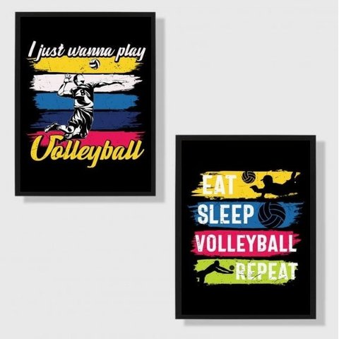 Kit 2 Quadros Volleyball Vintage 24x18cm:Madeira preta