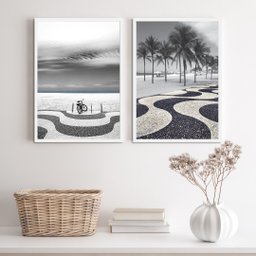 Kit 2 Quadros Fotografias Calçada de Copacabana 24x18cm:madeira Branca - 1