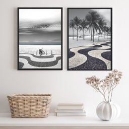 Kit 2 Quadros Fotografias Calçada de Copacabana 24x18cm:madeira Branca - 2