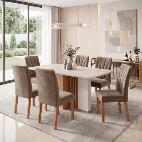 Conjunto Sala de Jantar 6 Lugares Quadrada Tampo MDF Mesa Astrid com Cadeiras Apogeu Bege Amêndoa Clean/Off White/Bege