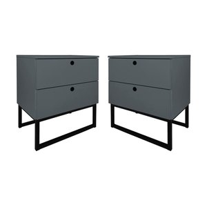 Kit 2 Mesas de Cabeceira Slim 2 Gavetas Cinza Base Metálica Preta - Belliv Decor