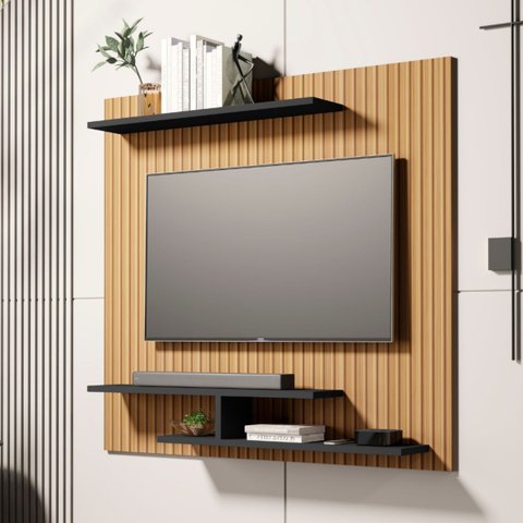 Painel de Tv Osiris Compacto com 3 Prateleira Tvs de até 32":ripado/preto