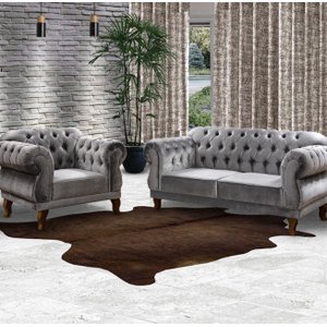 Um Sofá 2 Lugares 1,80cm + Duas Poltronas Chesterfield Elisabeth Veludo Cinza Prata